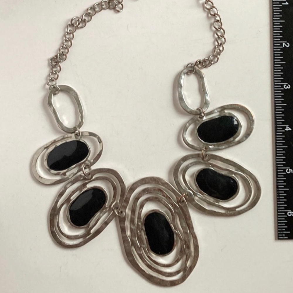 Open Circle Black Enameled Necklace Silver Tone 11 inches long